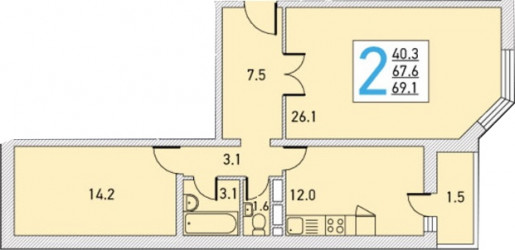 Двухкомнатная квартира 69.2 м²